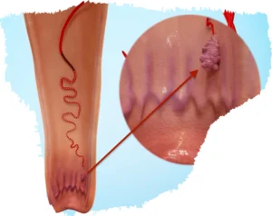 Immagine radiologica che mostra la riduzione delle emorroidi dopo l'embolizzazione dell'arteria rettale superiore, una procedura mininvasiva di radiologia interventistica.
